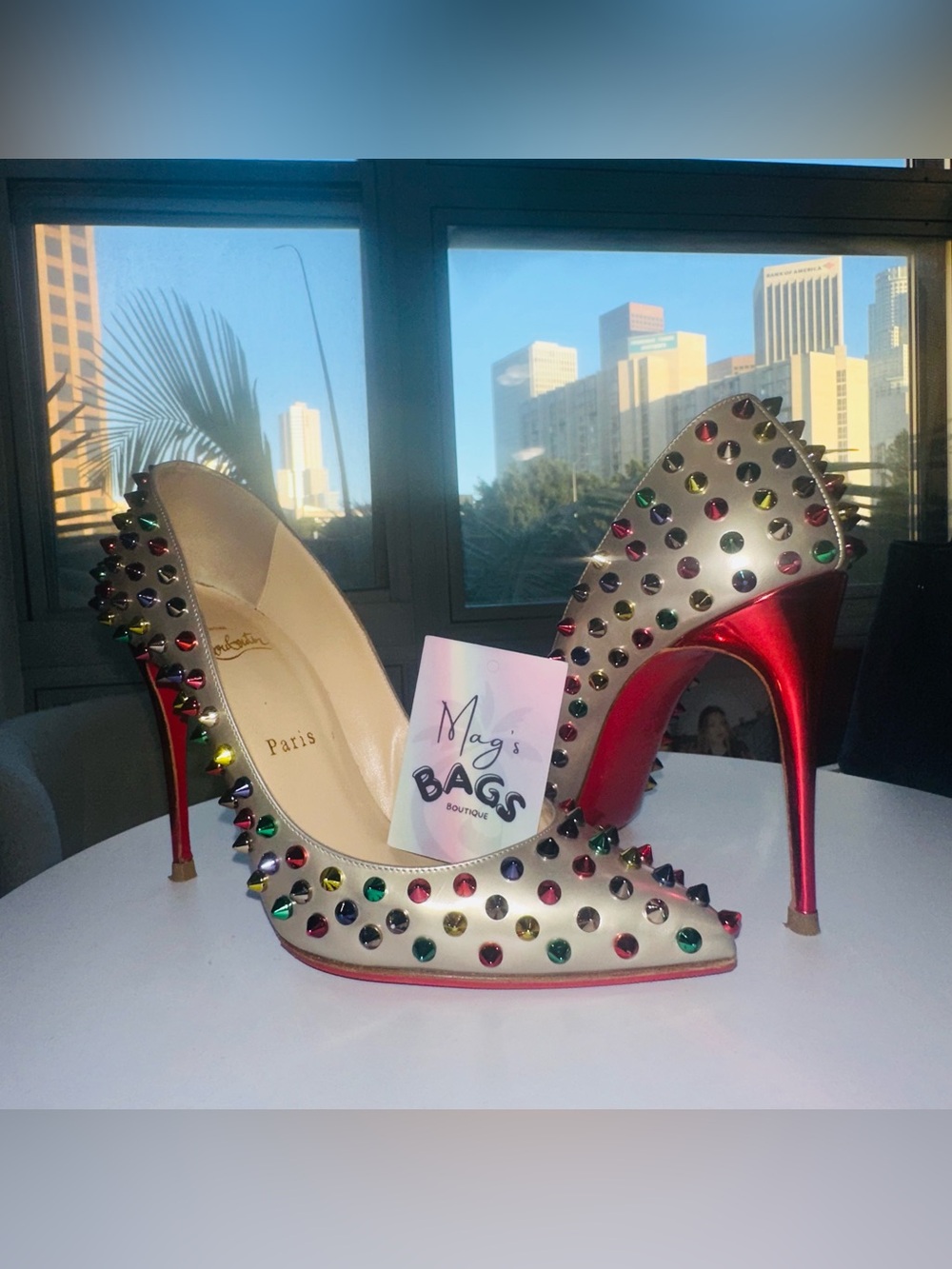 Louboutin: Multicolor Follies Spikes 100 Beige Specchio Studded Heels *RARE* - Picture 6 of 17